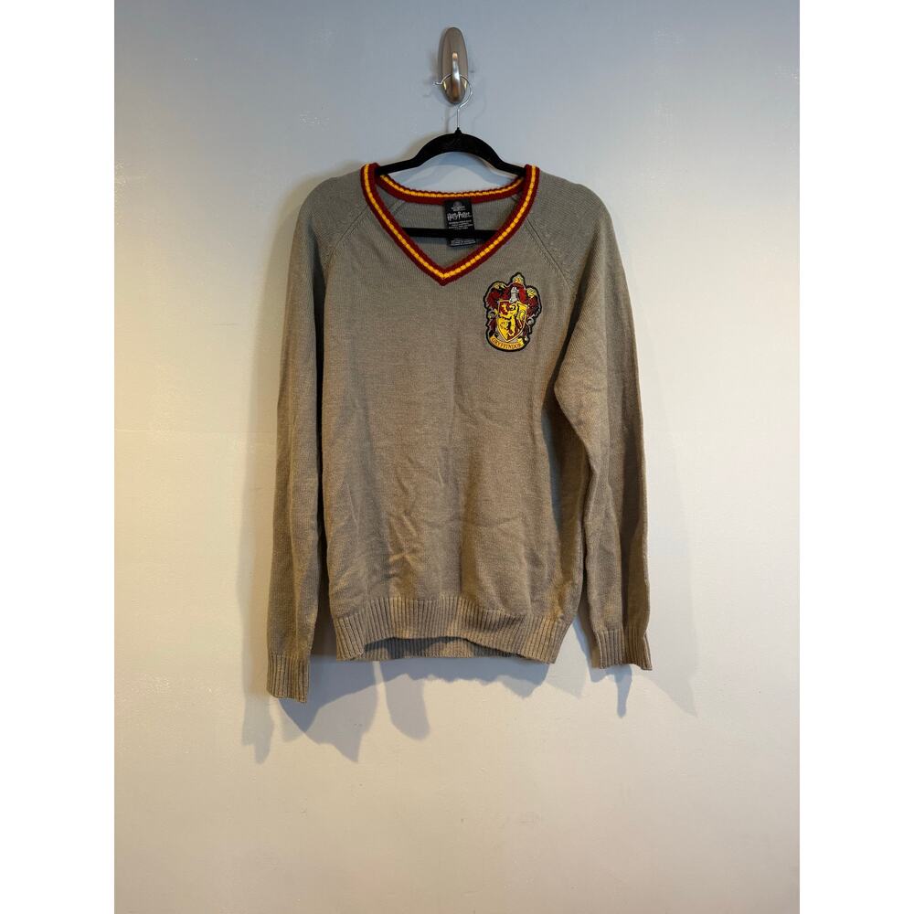 Harry Potter Gryffindor V-Neck Sweater Gray Red Gold Knit Pullover L